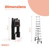 Twee afbeeldingen van de RMBO® Telescopische Reformladder 3,2m: opgevouwen (80 cm hoog x 48 cm breed) links en volledig uitgeschoven tot 320 cm rechts. Bovenaan staat "Afmetingen"; links onderaan staat het RMBO-logo.
