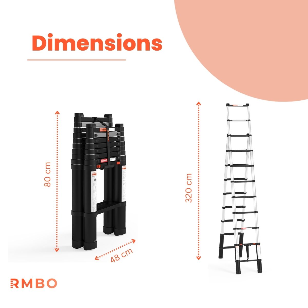 Twee afbeeldingen van de RMBO® Telescopische Reformladder 3,2m: opgevouwen (80 cm hoog x 48 cm breed) links en volledig uitgeschoven tot 320 cm rechts. Bovenaan staat "Afmetingen"; links onderaan staat het RMBO-logo.