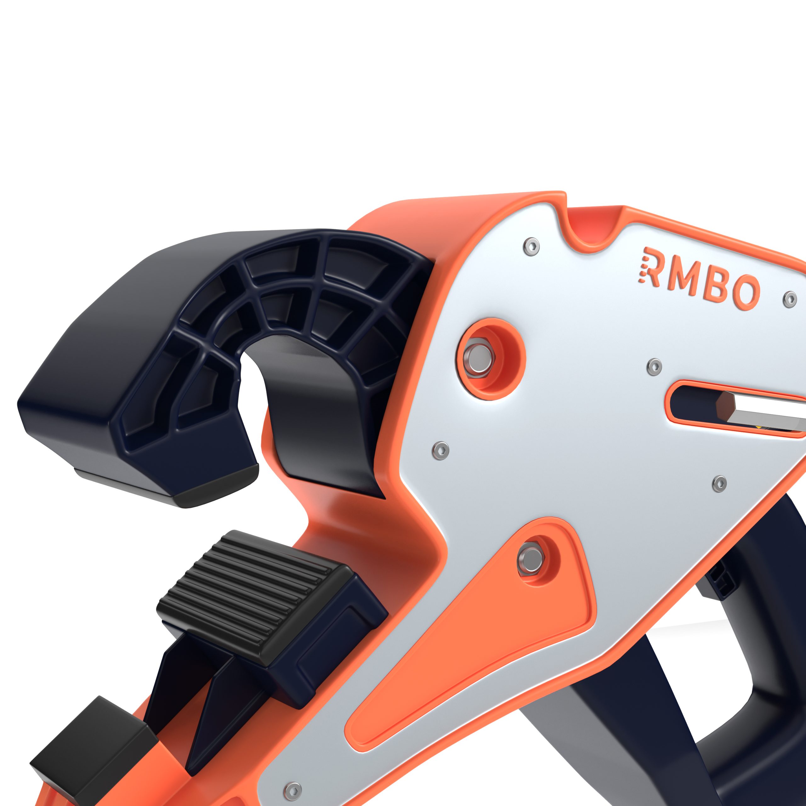 Close-up van een RMBO® Ladder Klem, met een modern oranje en zilverkleurig ontwerp met zwarte greepcomponenten en het RMBO-logo gegraveerd op het metalen oppervlak.