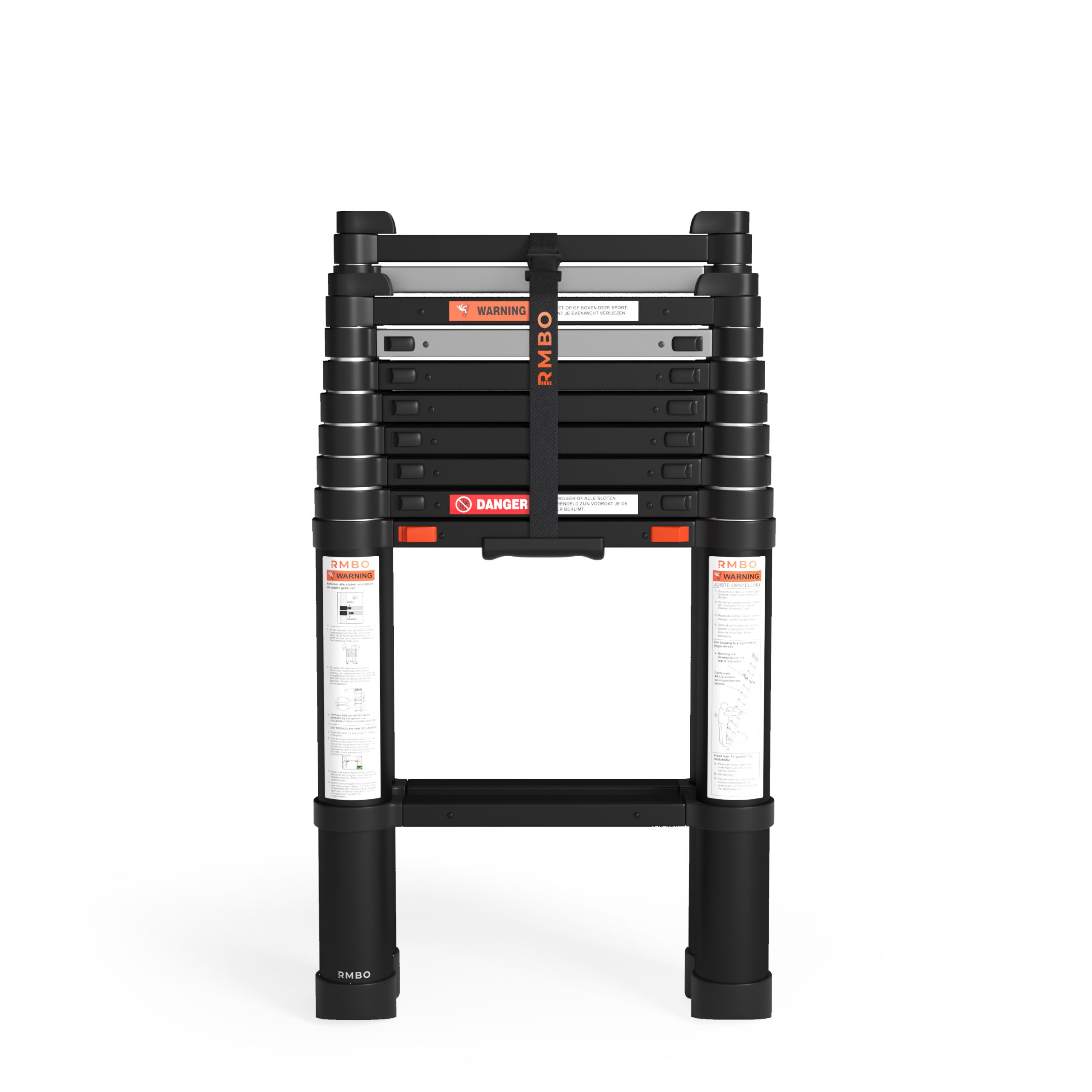 De RMBO® Telescopische Reformladder 3,2m is volledig ingeklapt afgebeeld met waarschuwingslabels en instructies op de voorkant en een band om de zwarte ladderdelen aan elkaar te bevestigen.