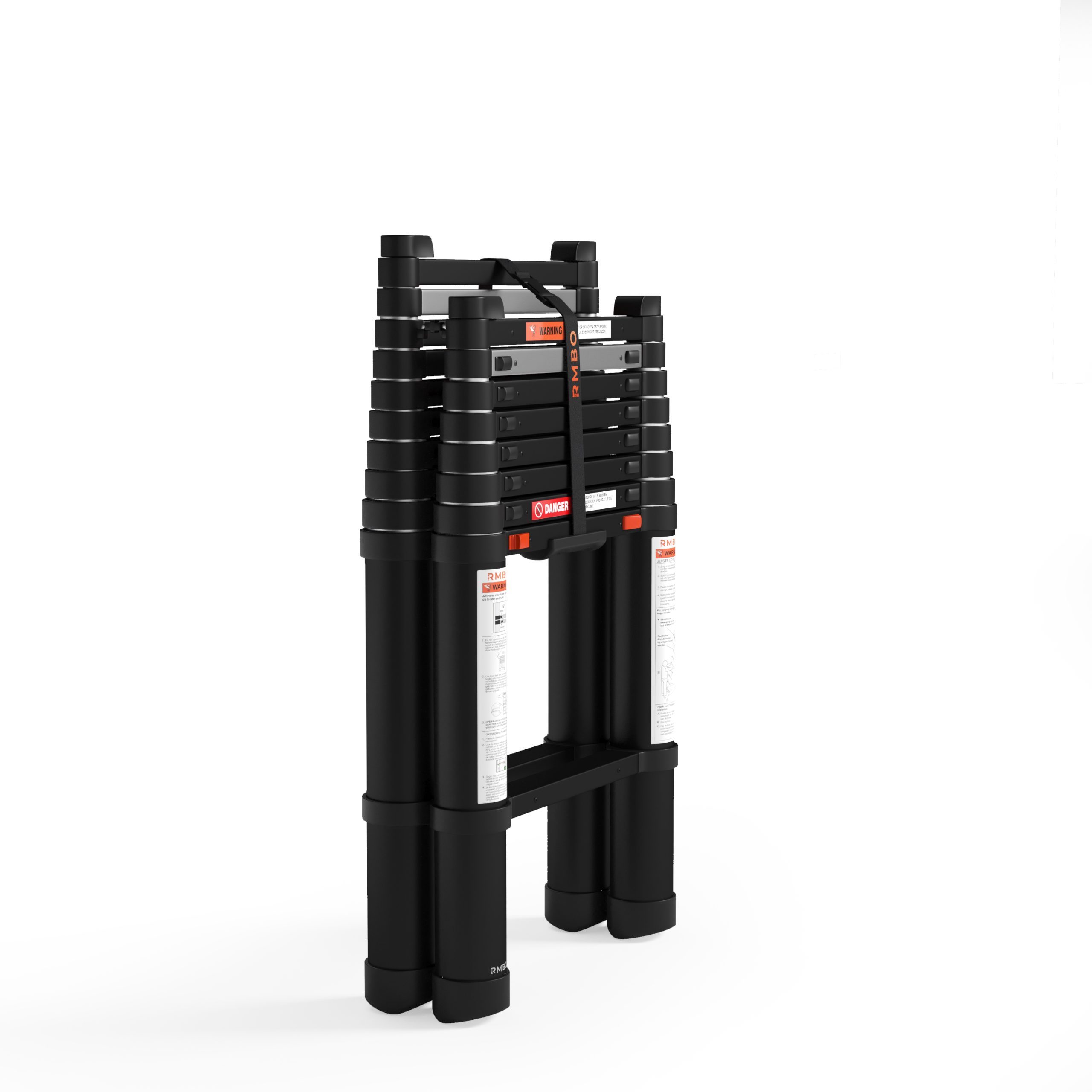 De RMBO® Telescopische Reformladder 3,2m is volledig ingeklapt en rechtop afgebeeld op een witte achtergrond, met zichtbare veiligheidslabels en een draagriem.