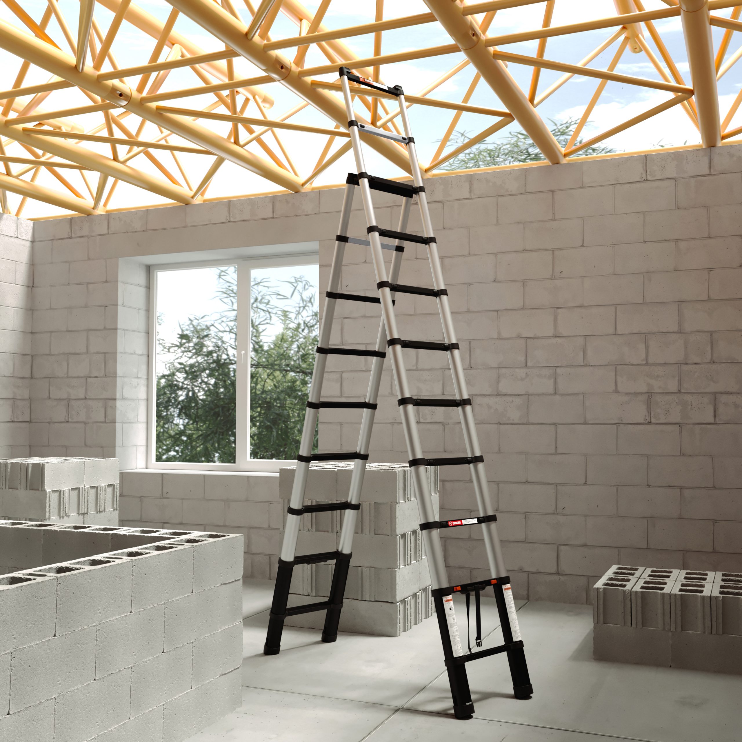 De RMBO® Telescopische Reformladder 3,2m is volledig uitgeschoven en staat op de vloer van een gedeeltelijk gebouwde ruimte met muren van sintelblokken, een raam en een zichtbaar plafondkader met een dakraam erboven.