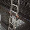 Een metalen ladder is bevestigd aan een dakgoot met dakpannen met RMBO® Ladder Klem oranje en blauwe klemmen, naast een bakstenen huis met een metalen dak en betegelde grond eronder.