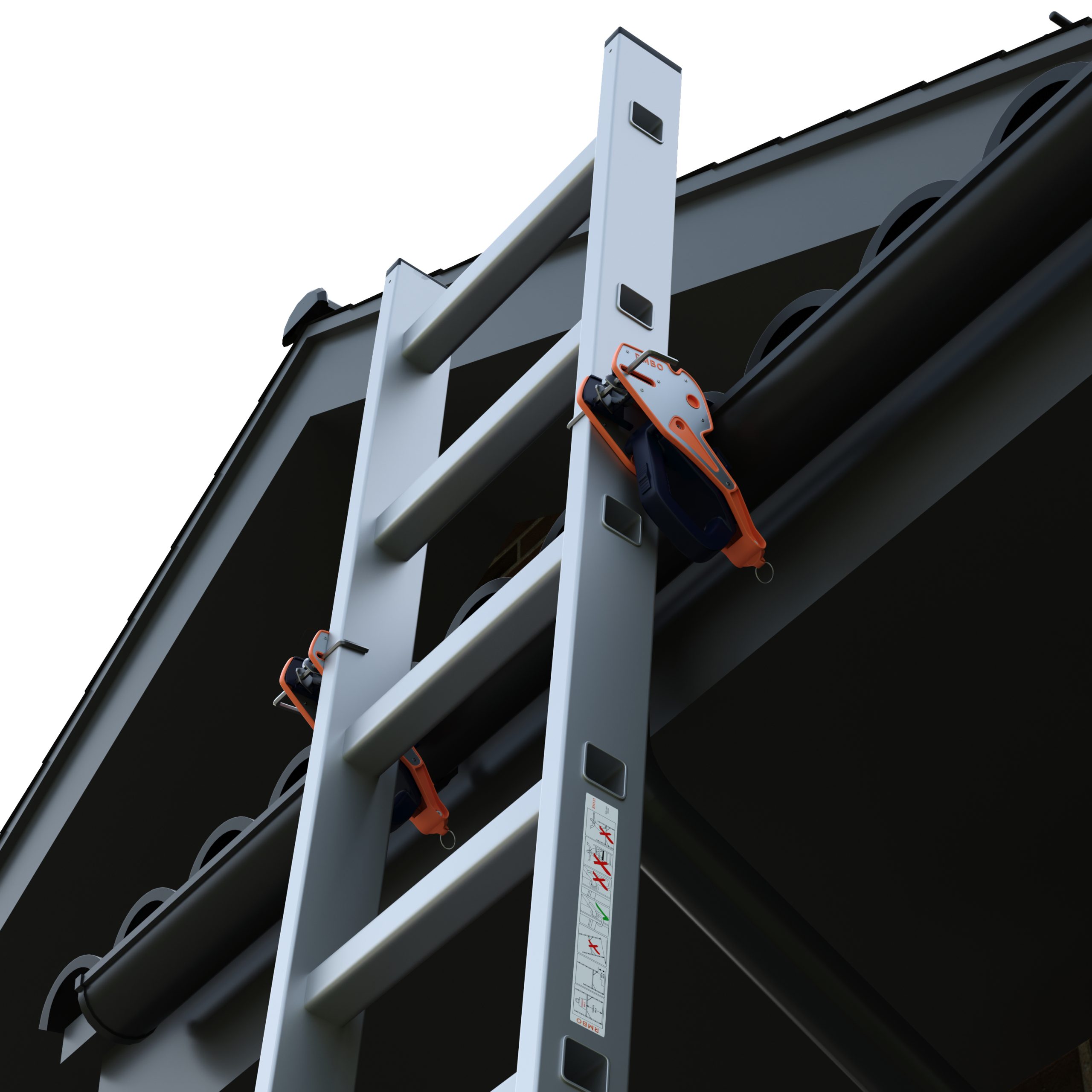 Een close-up van een RMBO® Ladder Klem die een ladder vastzet tegen de rand van het dak van een huis, met de lucht op de achtergrond.