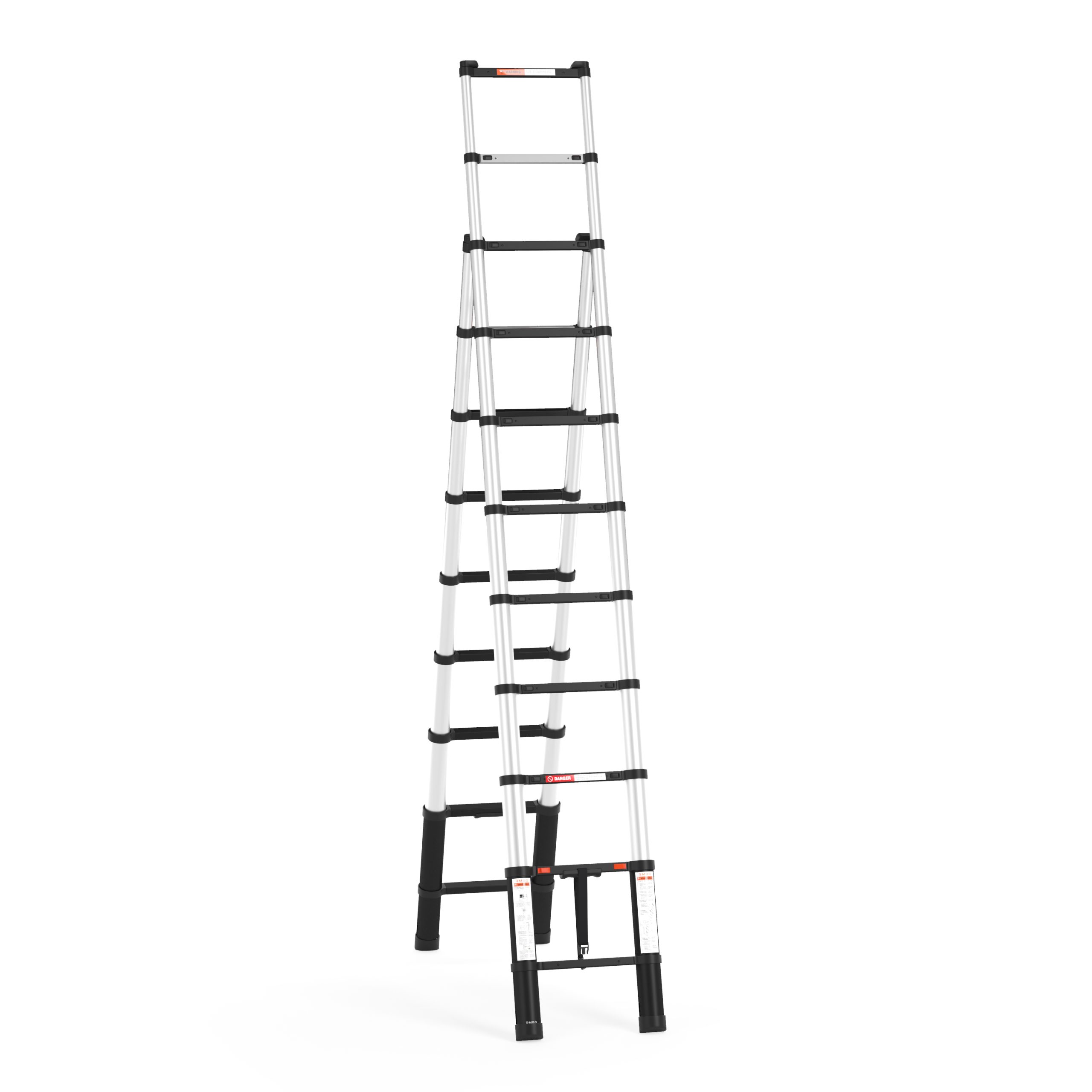 De RMBO® Telescopische Reformladder 3,2m is een zilverkleurige telescopische ladder met zwarte treden en voeten, volledig uitgeschoven en rechtopstaand tegen een witte achtergrond.