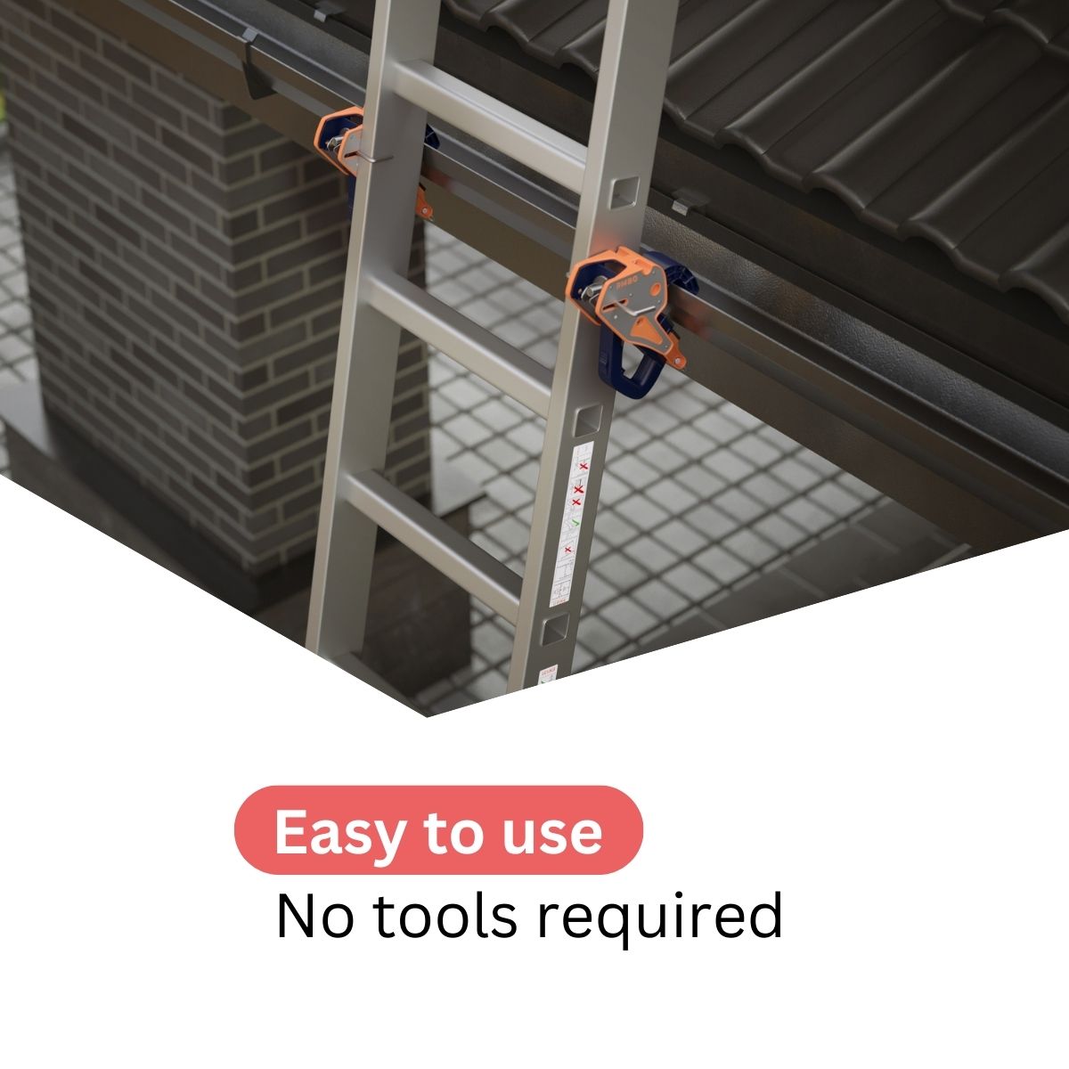 De RMBO® Ladder Klem bevestigt je ladder aan de regengoot met twee oranje en blauwe klemmen. Gemakkelijk te gebruiken - geen gereedschap nodig.