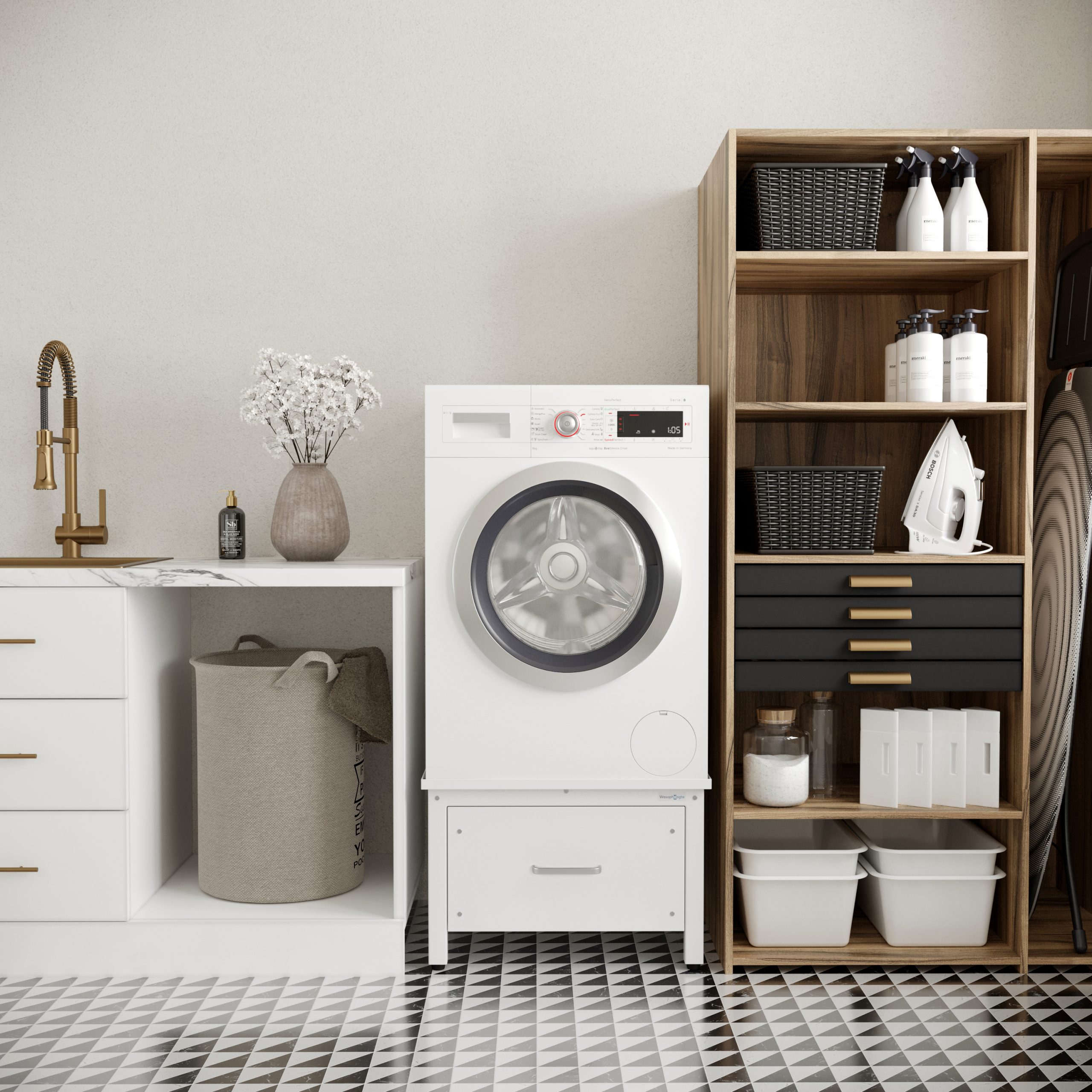 Wasmachine verhoger met lade voorzien van een anti-slip oppervlak voor extra veiligheid.
