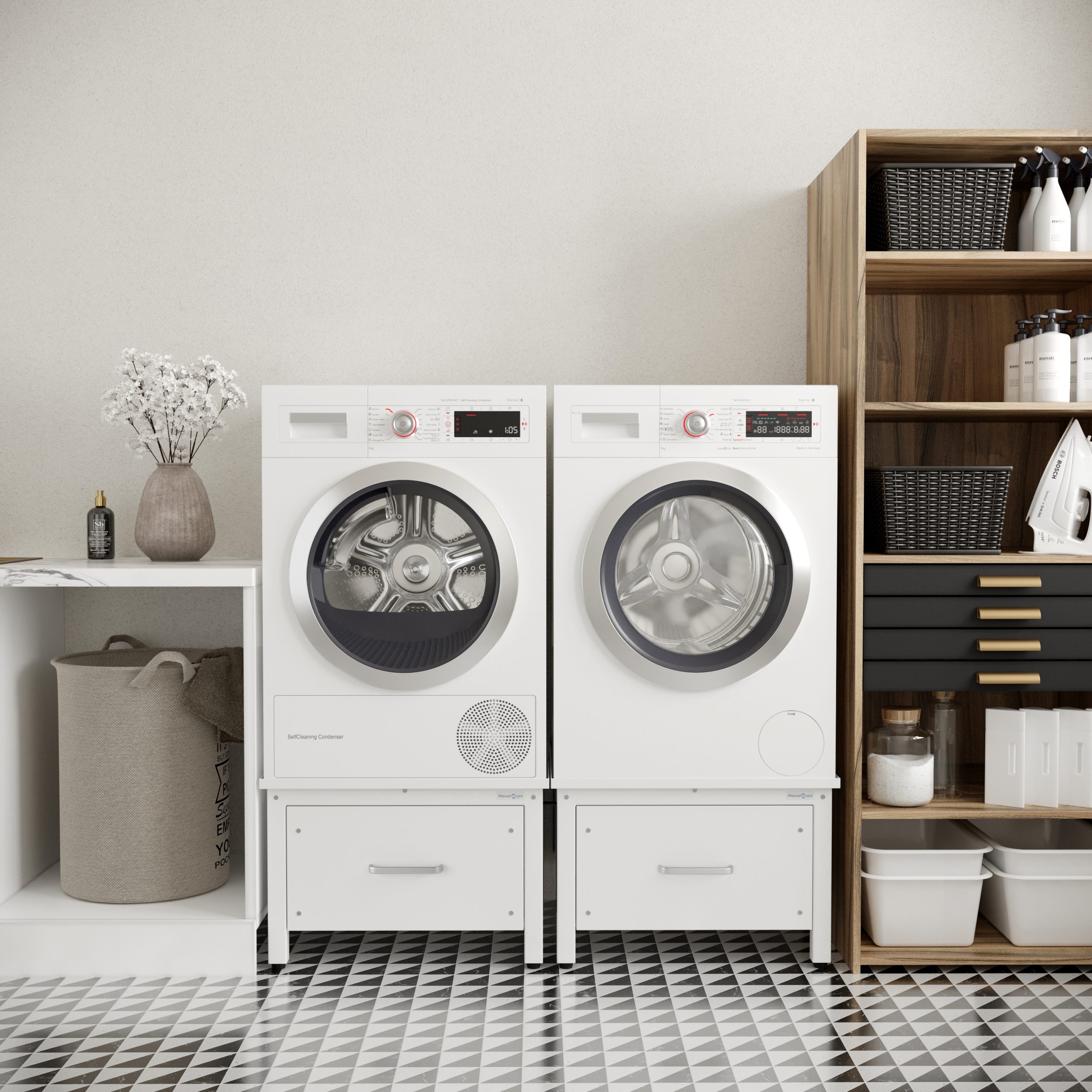 Wasmachine verhoger met lade in een moderne wasruimte.