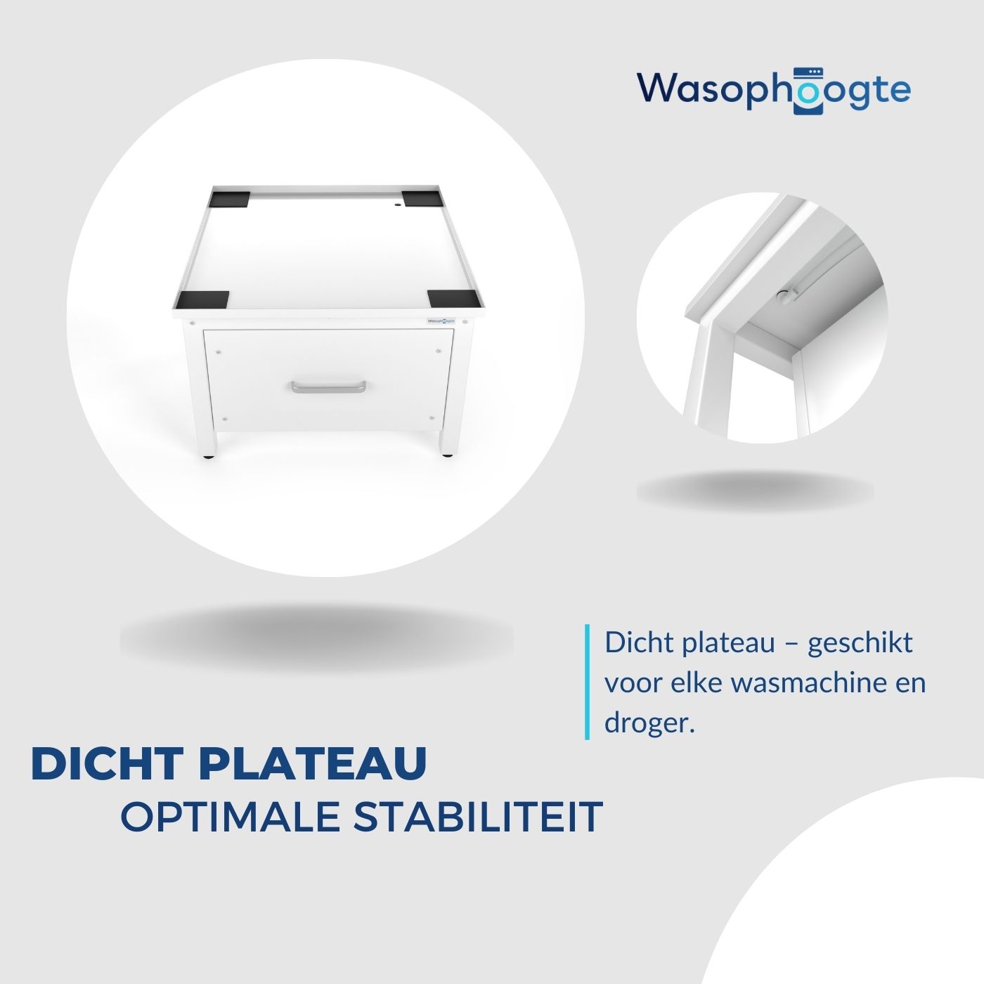 Wasmachine verhoger met lade biedt extra opbergruimte voor wasaccessoires.