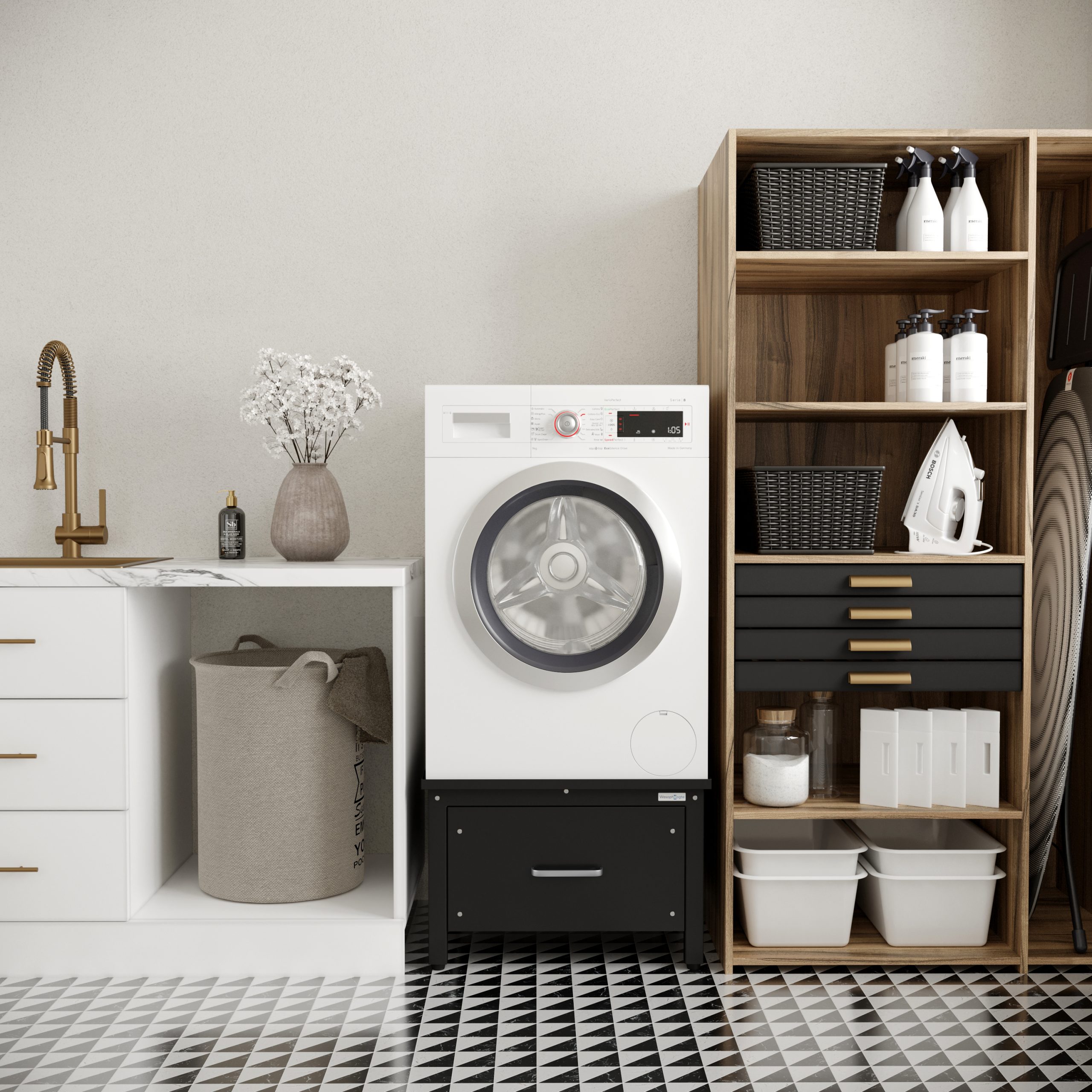 Wasmachine ophoger met lade en anti-tril ontwerp.