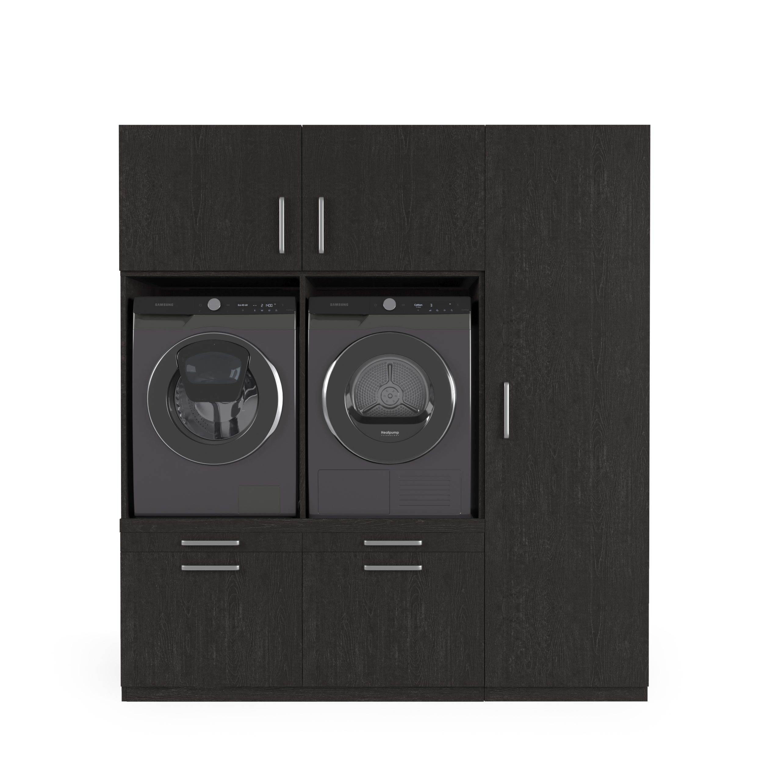 Waskastset van donker hout met ingebouwde wasmachine en droger, met zilverkleurige handgrepen en diverse opbergvakken boven en onder, alles tegen een effen witte achtergrond.