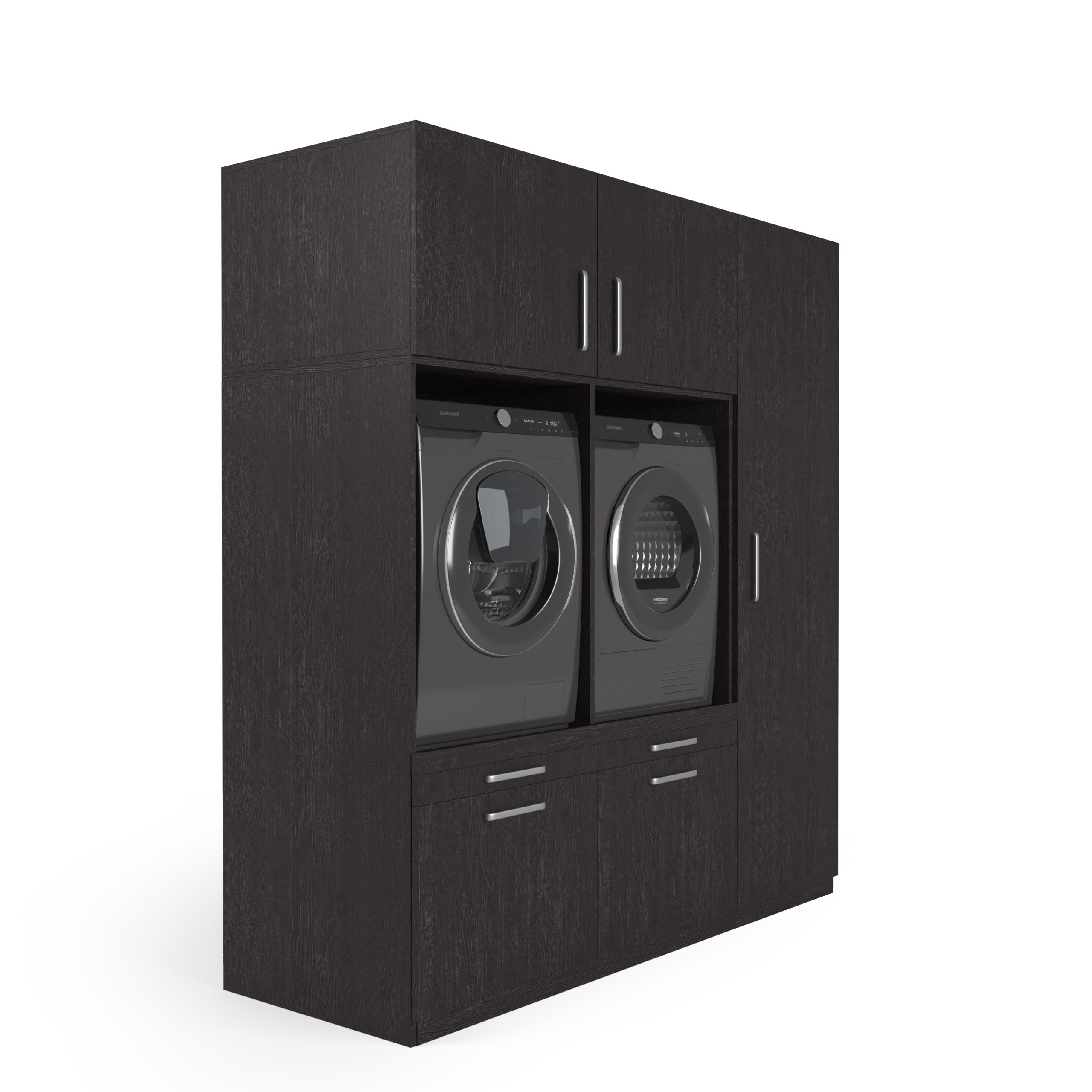 Een wasruimte van donker hout met twee wasmachines met voorlader naast elkaar, omgeven door ingebouwde opbergkasten erboven en eronder, tegen een witte achtergrond.