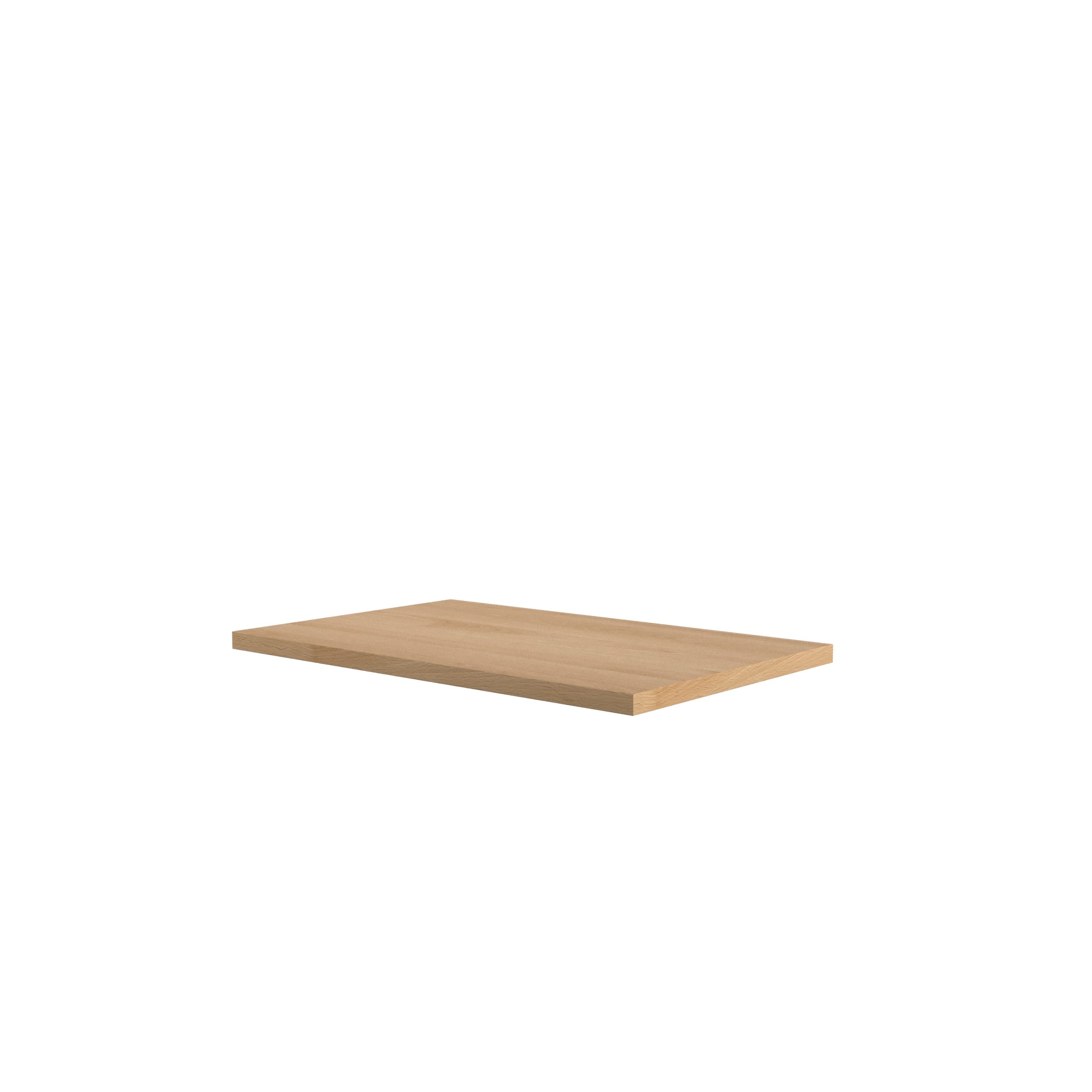 Een enkele, eenvoudige rechthoekige houten plank is afgebeeld tegen een witte achtergrond. De plank is lichtbruin met zichtbare houtnerf en heeft geen zichtbare beugels of steunen.
