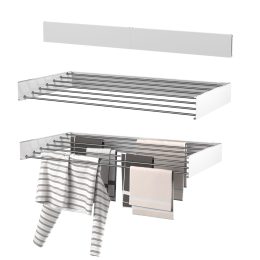 Metalen wanddroogrek getoond in drie fases: gesloten met deksel, open met lege stangen en open met kleding en handdoeken hangend aan de stangen.