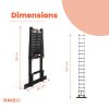 Afbeelding van de RMBO® Telescopische ladder 5,1m: ingeklapte hoogte 98 cm, breedte 80 cm; volledig uitgeschoven hoogte 510 cm. RMBO logo links onderaan.