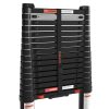 Een close-up van de RMBO® Telescopische ladder 5,1m in zwart, volledig ingeschoven en vergrendeld met waarschuwingslabels en een zwarte RMBO-band.