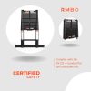 De RMBO® Telescopische ladder 5,1m in zwart met witte en oranje labels is afgebeeld op een lichte achtergrond. De tekst luidt: RMBO, CERTIFIED SAFETY en voldoet aan de EN131-6 veiligheidsnorm voor stabiel gebruik.