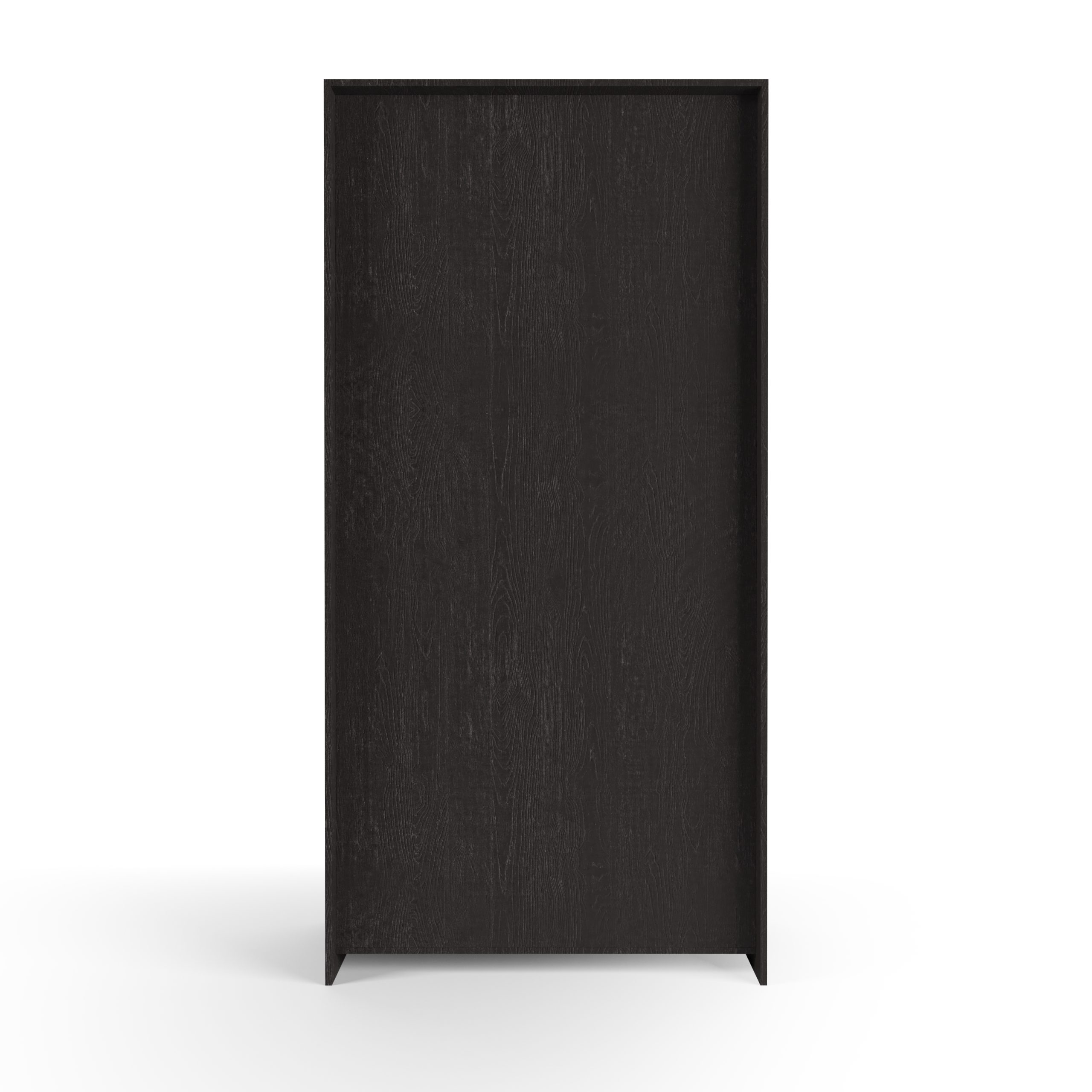 Een hoge, rechthoekige, donkere houten kast of kleerkast met een effen, vlakke voorkant en zonder zichtbare handgrepen of versieringen, op een witte achtergrond.