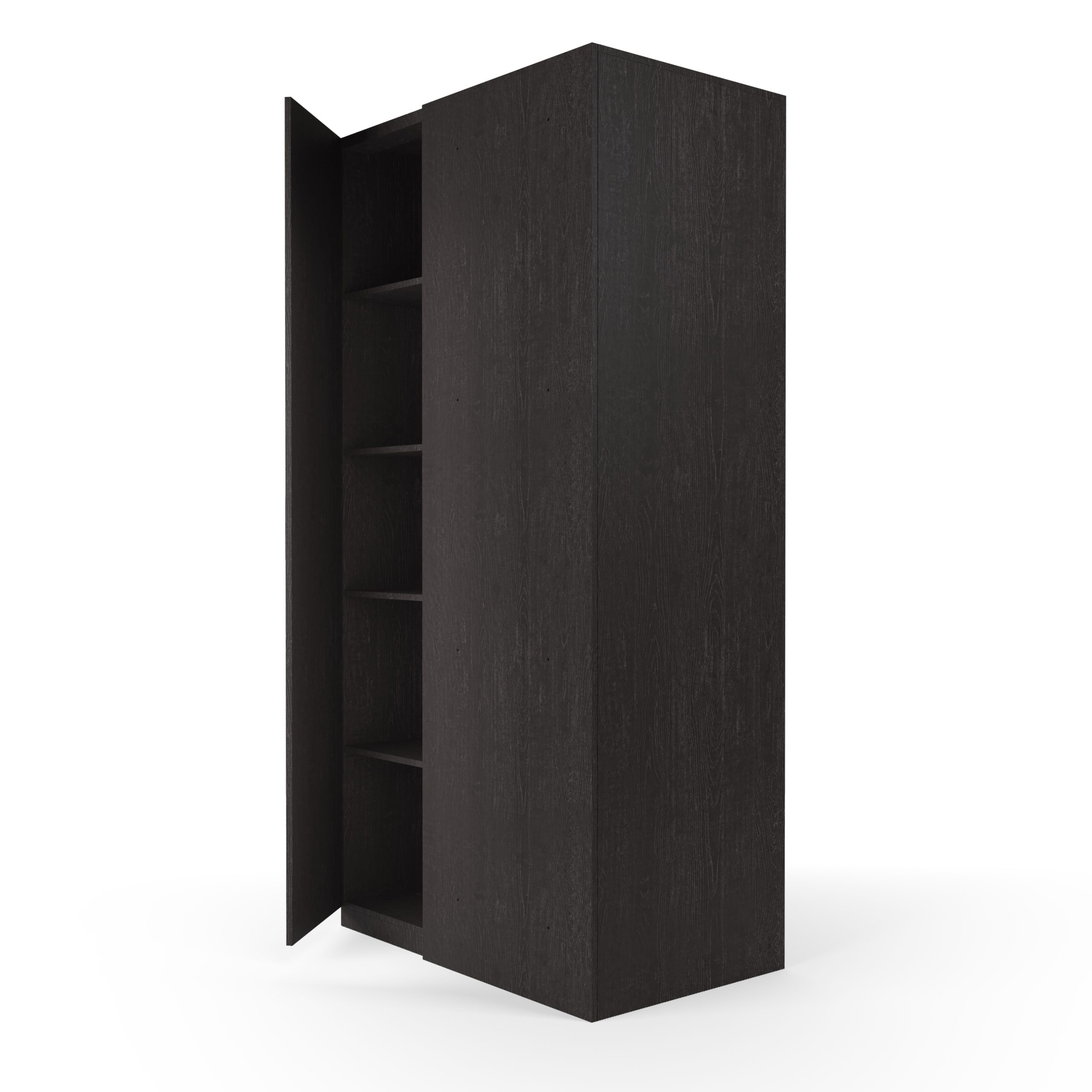 Een hoge, donkerhouten kast met een open deur die vier planken onthult. De kast staat op een witte achtergrond.