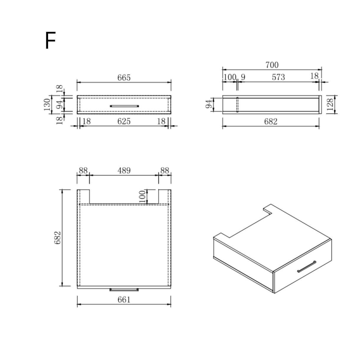 Technische tekening met het label F met voor-, zij-, boven- en 3D-aanzichten van een rechthoekig ladeblok met specifieke afmetingen gemarkeerd, inclusief uitsparingen en plaatsing van handgrepen. De hoofdbreedte is 700 mm, de diepte is 682 mm, de hoogte is 130 mm.