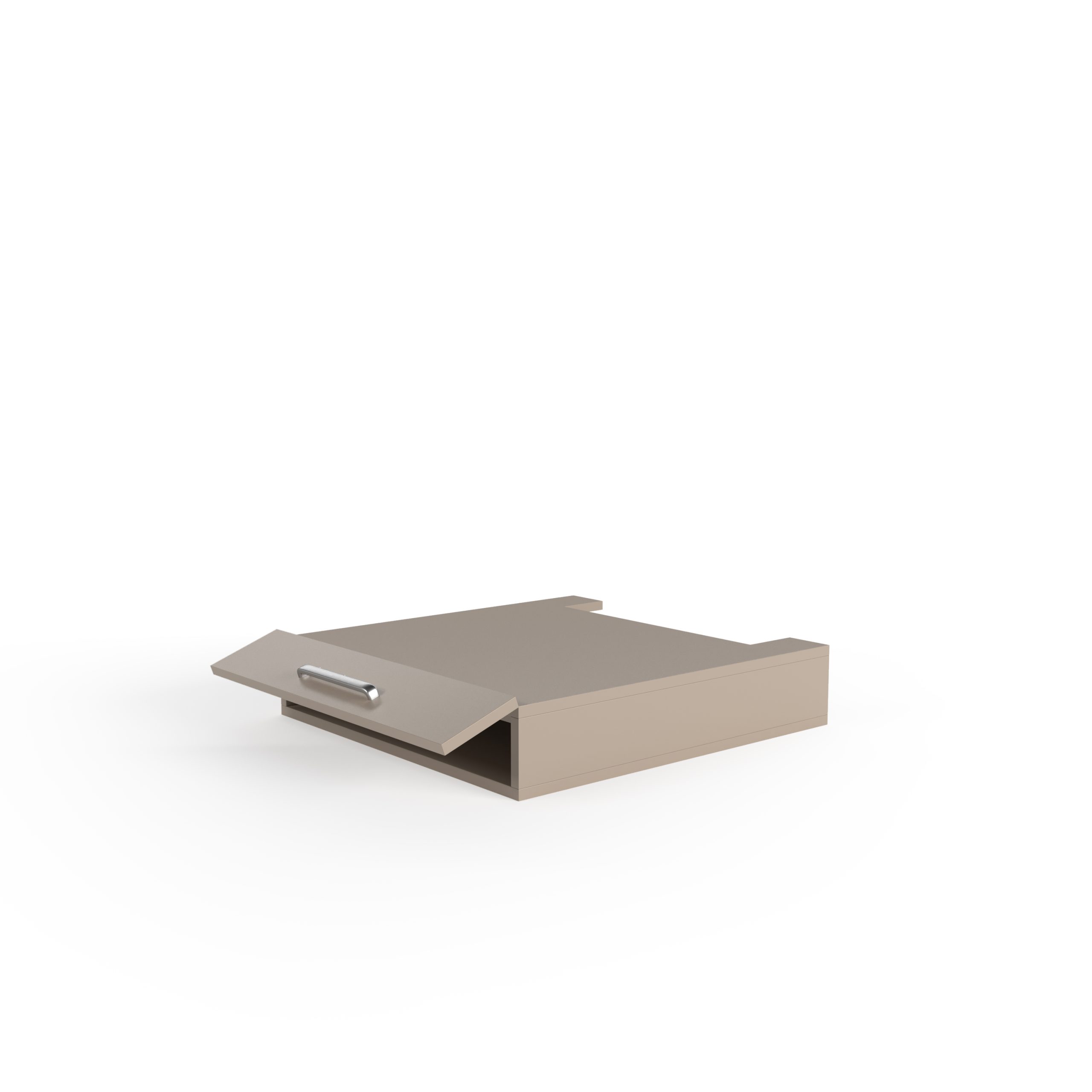 Een beige bureaublad met een metalen handvat aan één kant, ontworpen om papieren of documenten in te bewaren, geplaatst op een witte achtergrond.