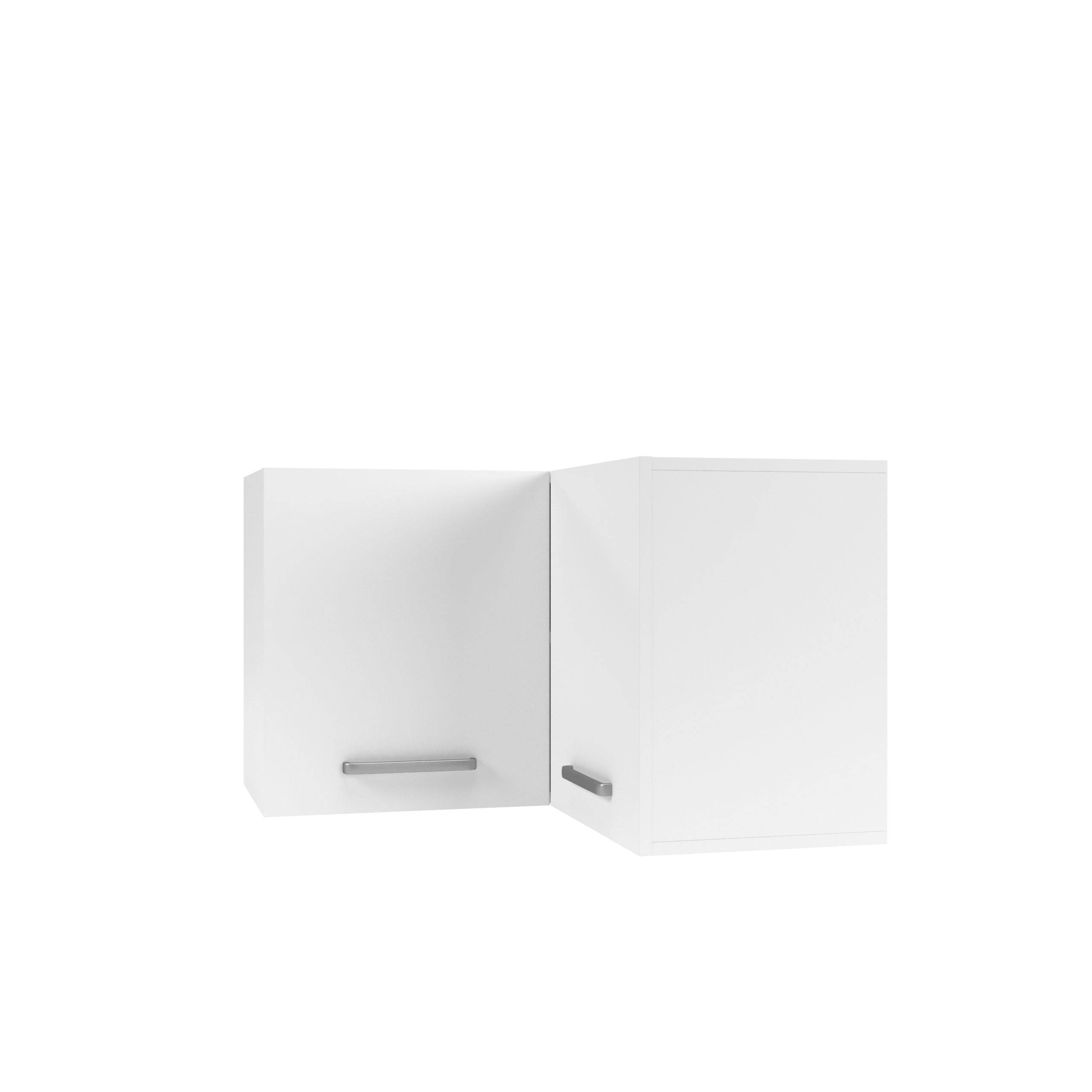 Twee witte, moderne keukenkasten voor aan de muur met zilveren handgrepen zijn in een rechte hoek samengevoegd tegen een effen witte achtergrond.