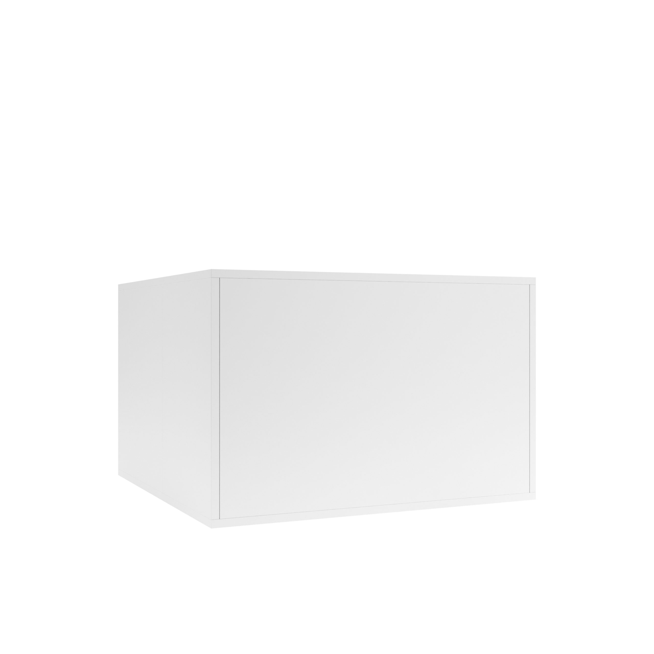 Een grote, effen witte rechthoekige doos gezien vanuit een hoek, met de voor- en linkerzijden tegen een witte achtergrond. De doos heeft geen opschriften, tekst of zichtbare kenmerken.