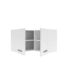 Een witte keukenhoekkast voor wandmontage met twee open deuren die binnenin twee planken onthullen. De kast heeft moderne zilveren handgrepen op elke deur en een eenvoudig, minimalistisch ontwerp.