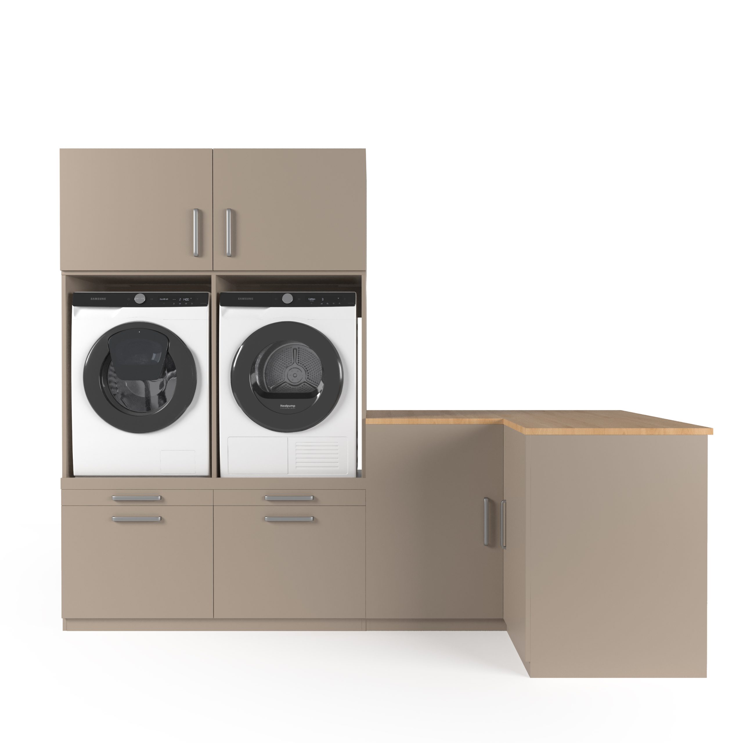 Beige wasruimtekastset met twee wasmachines met voorlader, boven- en onderkasten, zilveren handgrepen en een houten werkblad dat aan de rechterkant uitloopt in een L-vormig schiereiland.