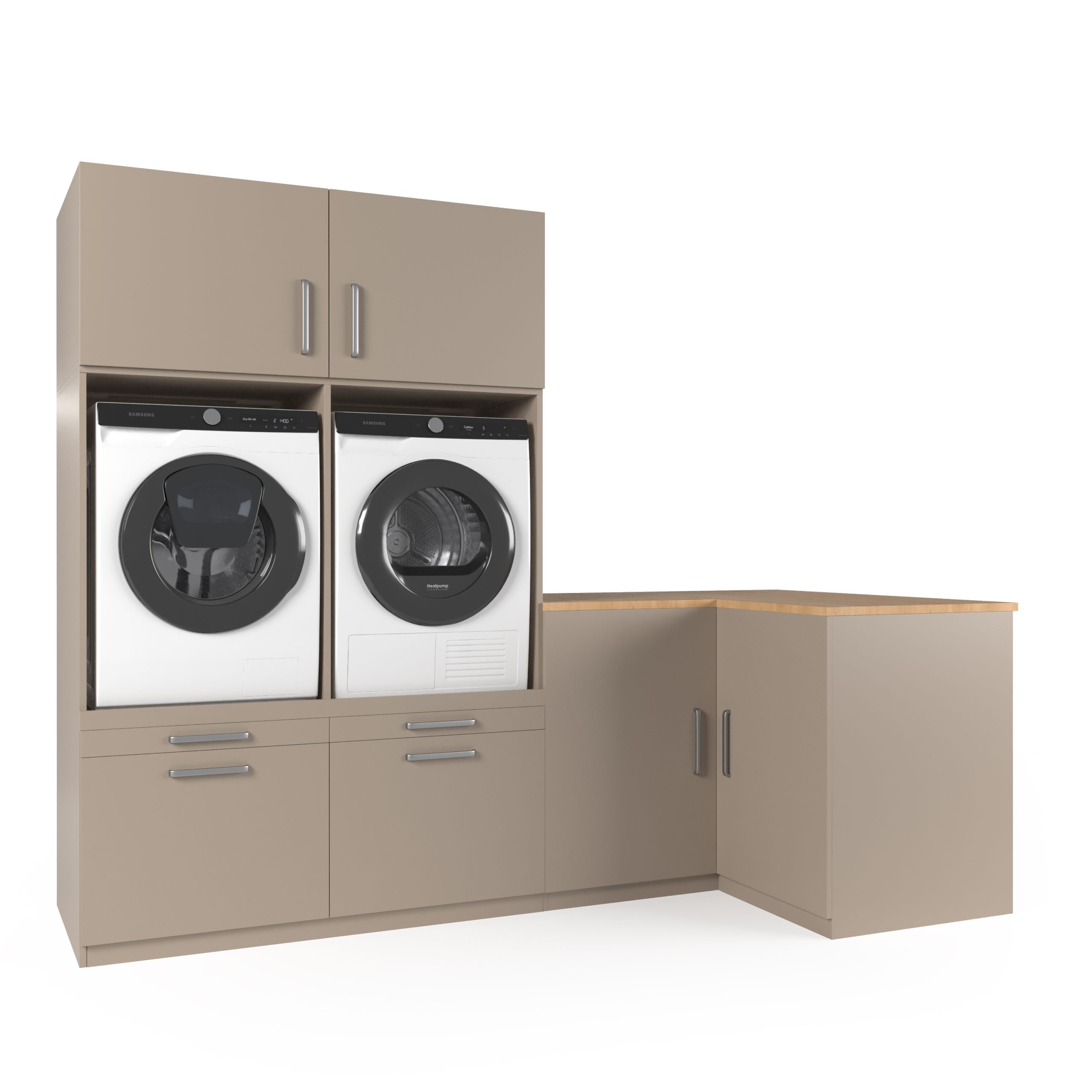 Moderne inrichting van een wasruimte met gestapelde beige kasten, een witte wasmachine, een zwarte droger en een L-vormig werkblad met daaronder extra opbergkasten.